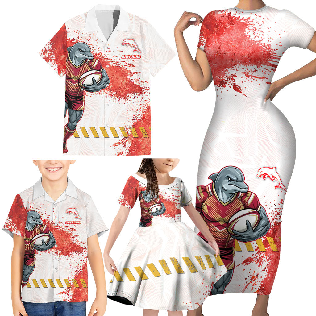 Personalised Dolphins Rugby Family Matching Short Sleeve Bodycon Dress and Hawaiian Shirt Dolphin Mascot - Sporty Splash Art Style