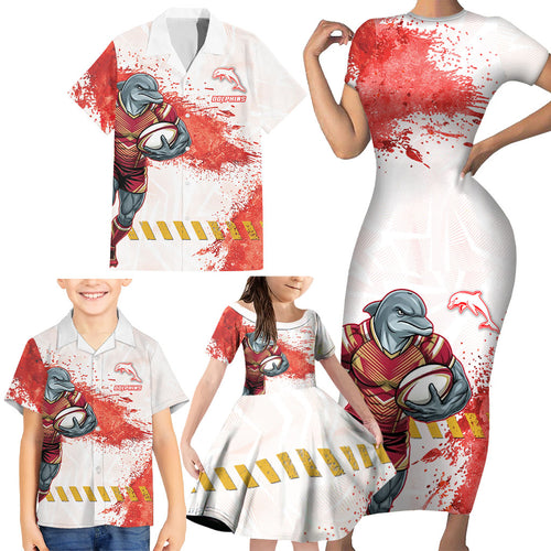 Personalised Dolphins Rugby Family Matching Short Sleeve Bodycon Dress and Hawaiian Shirt Dolphin Mascot - Sporty Splash Art Style