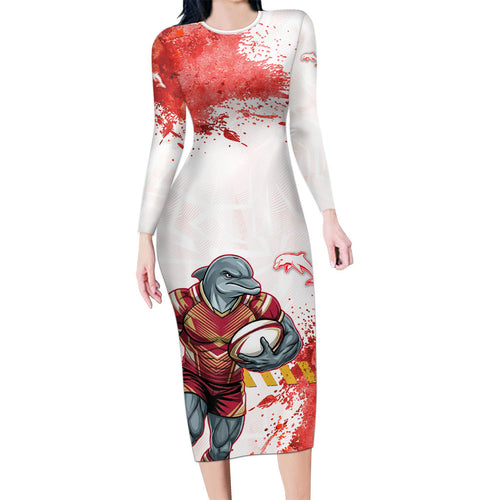 Personalised Dolphins Rugby Long Sleeve Bodycon Dress Dolphin Mascot - Sporty Splash Art Style