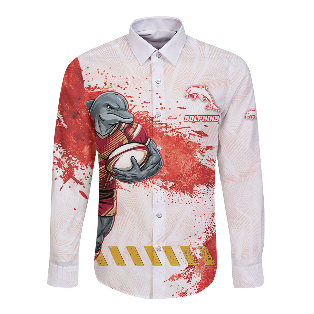 Personalised Dolphins Rugby Long Sleeve Button Shirt Dolphin Mascot - Sporty Splash Art Style