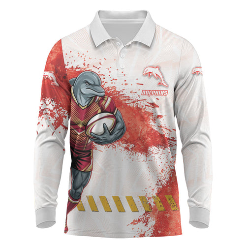Personalised Dolphins Rugby Long Sleeve Polo Shirt Dolphin Mascot - Sporty Splash Art Style