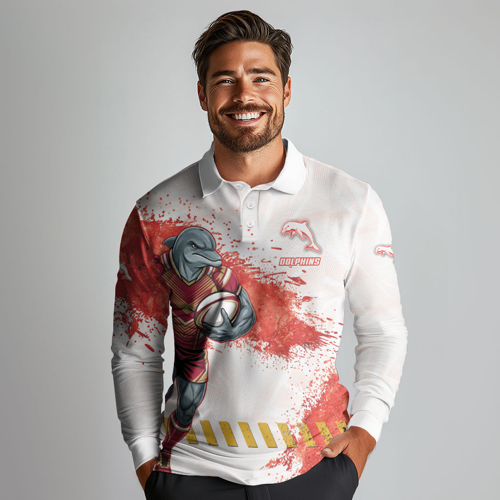 Personalised Dolphins Rugby Long Sleeve Polo Shirt Dolphin Mascot - Sporty Splash Art Style