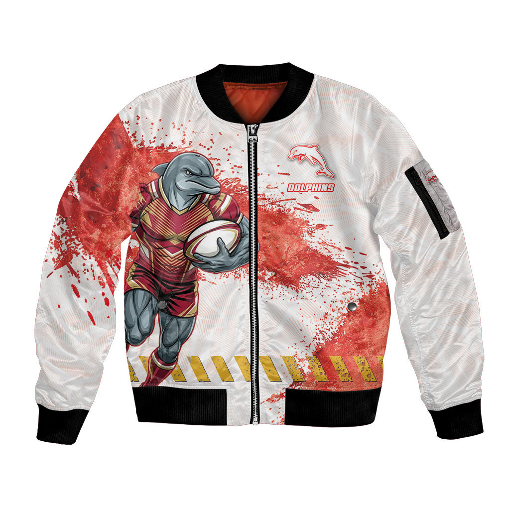 Personalised Dolphins Rugby Sleeve Zip Bomber Jacket Dolphin Mascot - Sporty Splash Art Style
