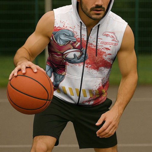 Personalised Dolphins Rugby Sleeveless Zip Hoodie Dolphin Mascot - Sporty Splash Art Style