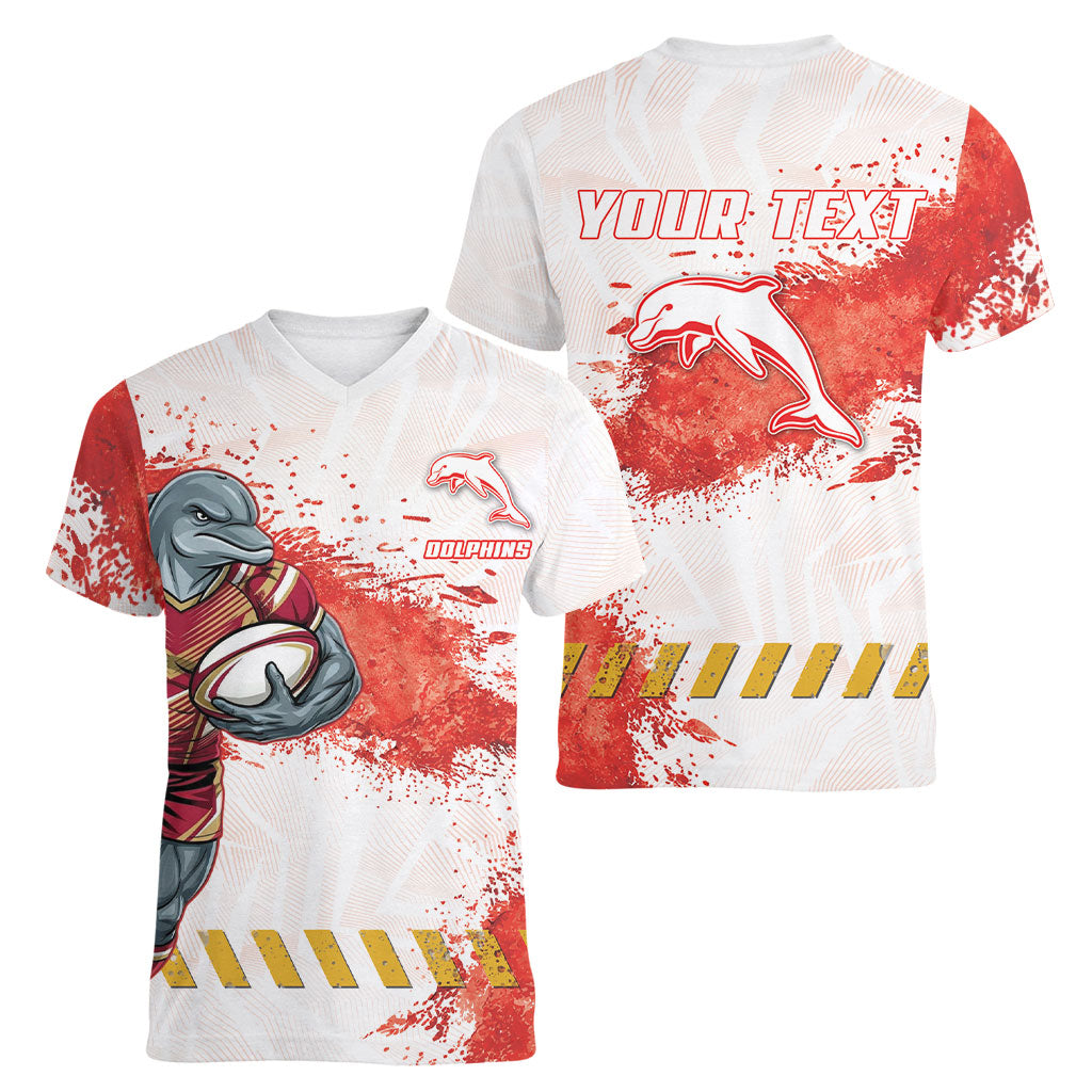 Personalised Dolphins Rugby Women V-Neck T-Shirt Dolphin Mascot - Sporty Splash Art Style