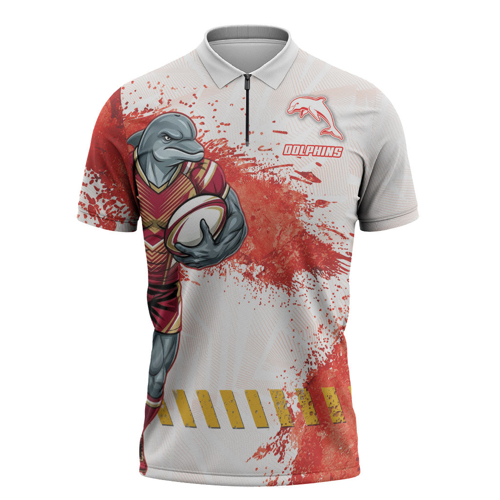 Personalised Dolphins Rugby Zipper Polo Shirt Dolphin Mascot - Sporty Splash Art Style