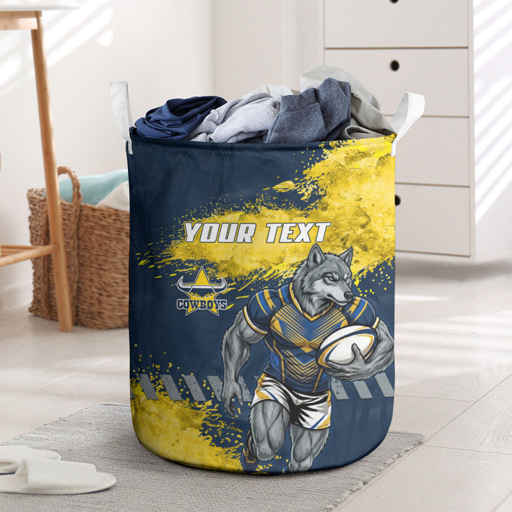 Personalised North Queensland Cowboys Rugby Laundry Basket Wolf Mascot - Sporty Splash Art Style