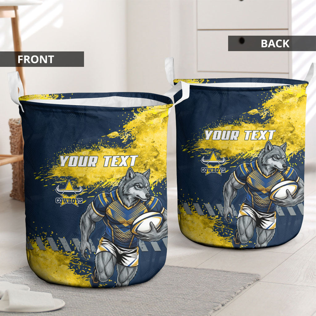 Personalised North Queensland Cowboys Rugby Laundry Basket Wolf Mascot - Sporty Splash Art Style