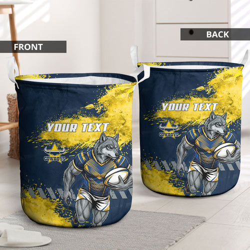 Personalised North Queensland Cowboys Rugby Laundry Basket Wolf Mascot - Sporty Splash Art Style