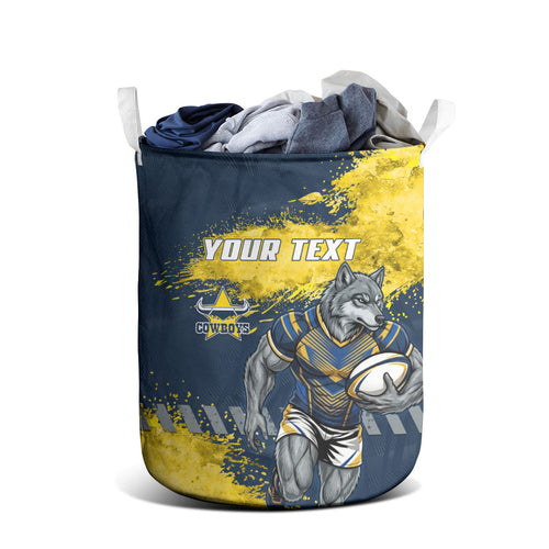 Personalised North Queensland Cowboys Rugby Laundry Basket Wolf Mascot - Sporty Splash Art Style