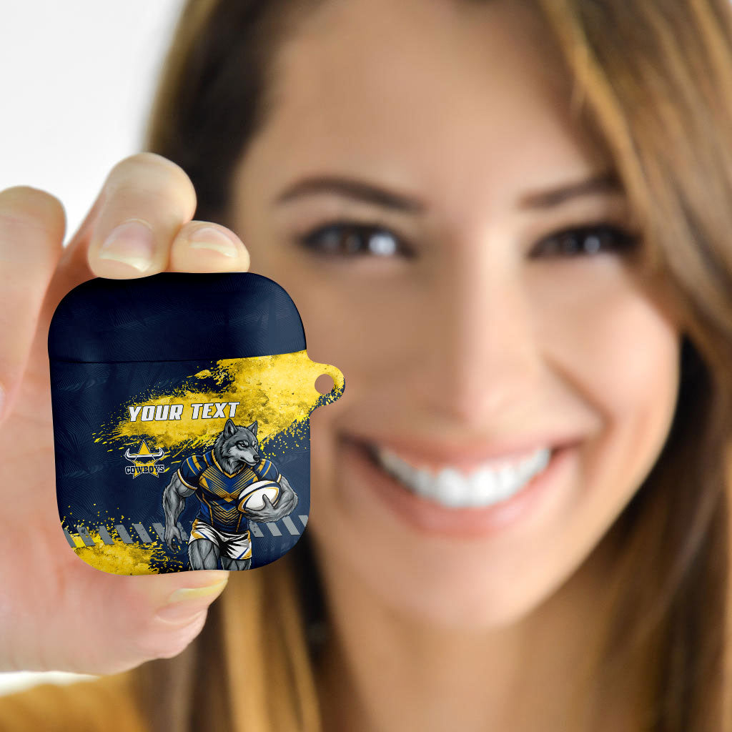 Personalised North Queensland Cowboys Rugby AirPods Case Wolf Mascot - Sporty Splash Art Style