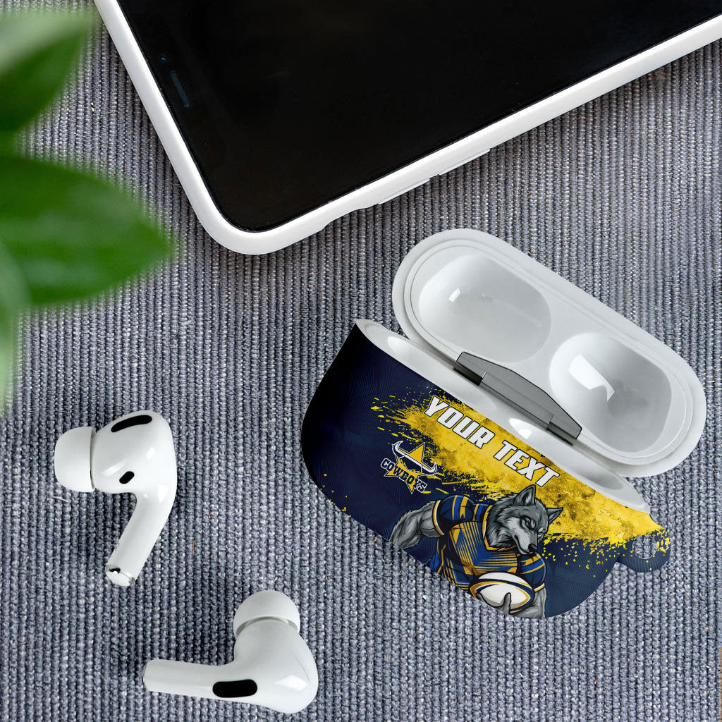 Personalised North Queensland Cowboys Rugby AirPods Case Wolf Mascot - Sporty Splash Art Style