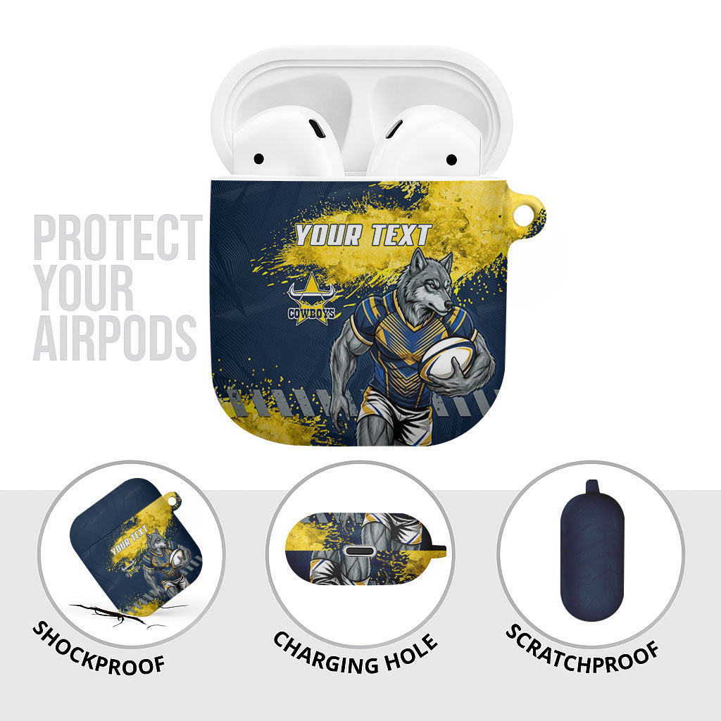 Personalised North Queensland Cowboys Rugby AirPods Case Wolf Mascot - Sporty Splash Art Style