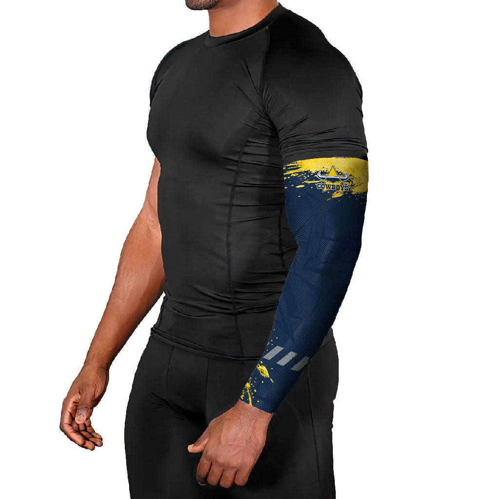 Personalised North Queensland Cowboys Rugby Arm Sleeves Wolf Mascot - Sporty Splash Art Style