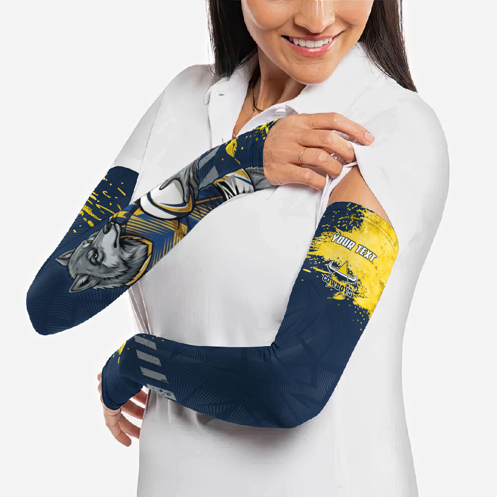 Personalised North Queensland Cowboys Rugby Arm Sleeves Wolf Mascot - Sporty Splash Art Style