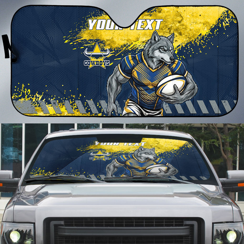 Personalised North Queensland Cowboys Rugby Auto Sun Shade Wolf Mascot - Sporty Splash Art Style