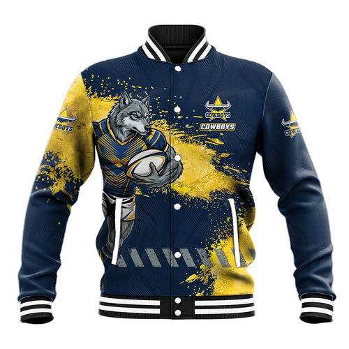 Personalised North Queensland Cowboys Rugby Baseball Jacket Wolf Mascot - Sporty Splash Art Style