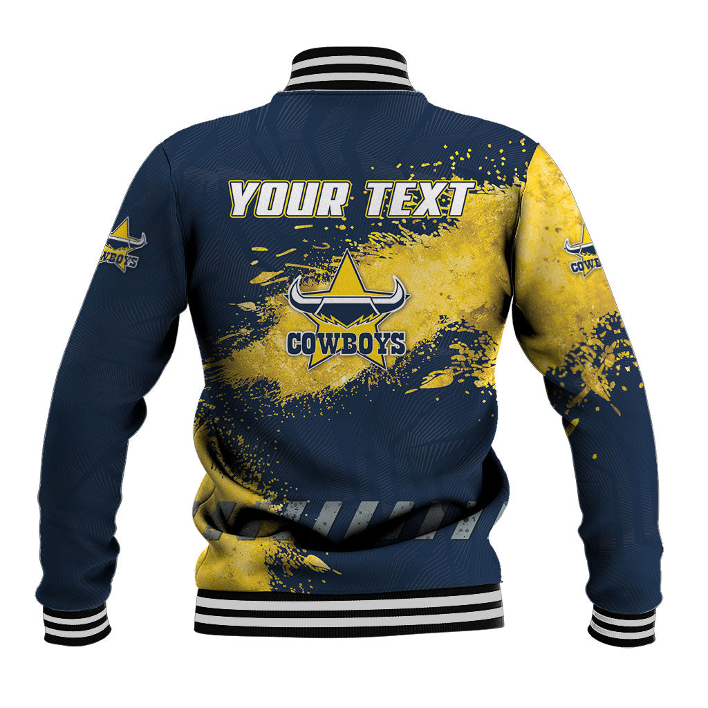 Personalised North Queensland Cowboys Rugby Baseball Jacket Wolf Mascot - Sporty Splash Art Style