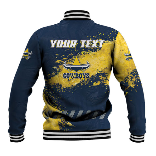 Personalised North Queensland Cowboys Rugby Baseball Jacket Wolf Mascot - Sporty Splash Art Style