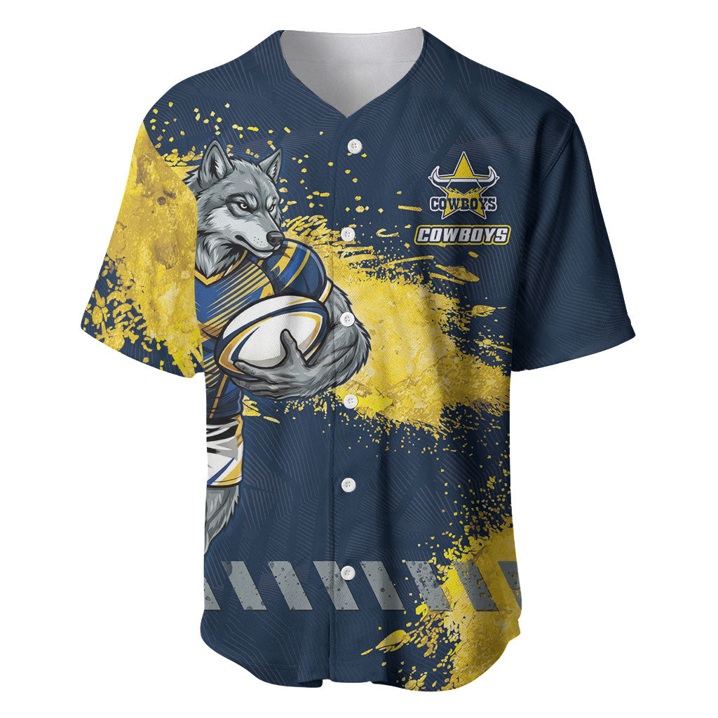 Personalised North Queensland Cowboys Rugby Baseball Jersey Wolf Mascot - Sporty Splash Art Style