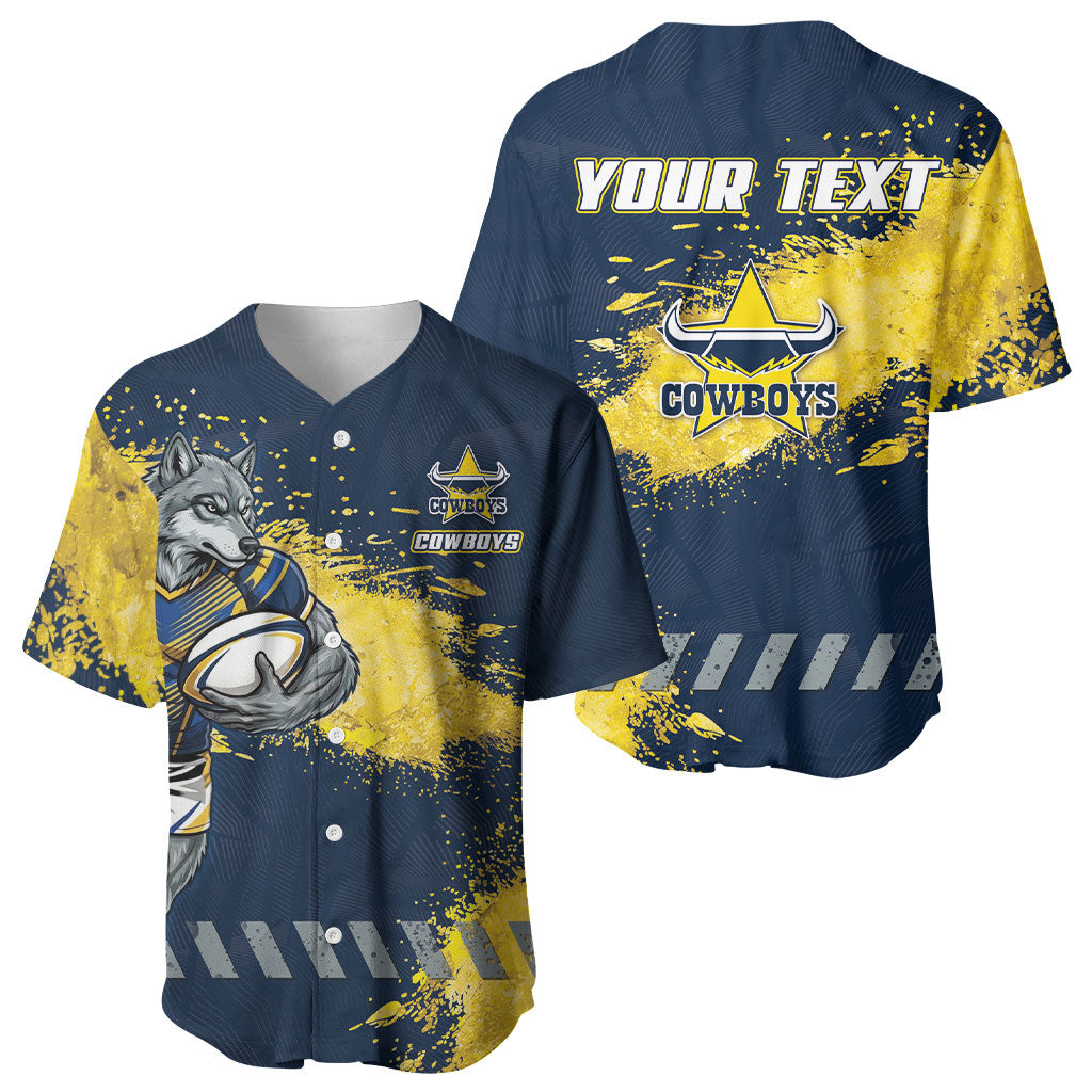Personalised North Queensland Cowboys Rugby Baseball Jersey Wolf Mascot - Sporty Splash Art Style