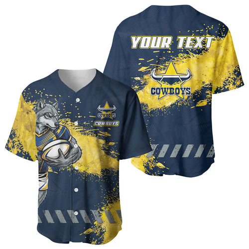 Personalised North Queensland Cowboys Rugby Baseball Jersey Wolf Mascot - Sporty Splash Art Style