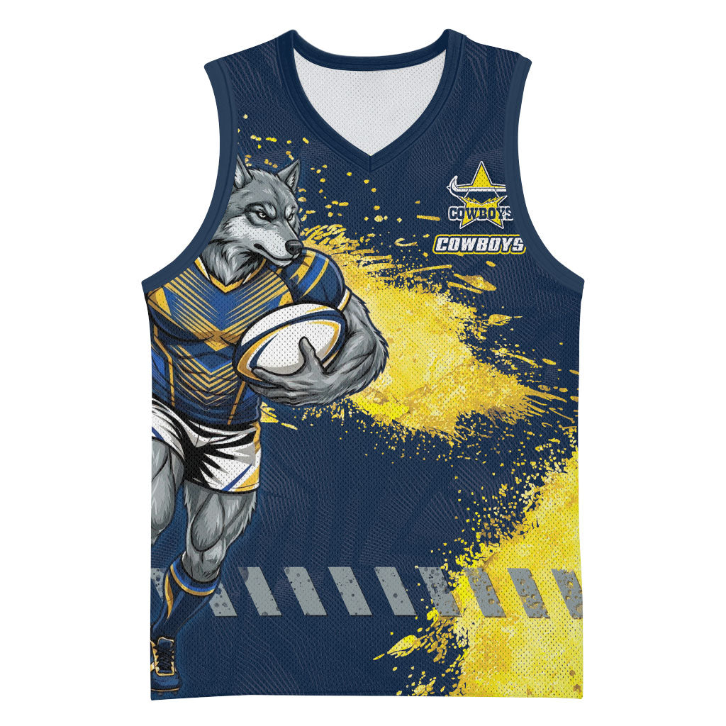 Personalised North Queensland Cowboys Rugby Basketball Jersey Wolf Mascot - Sporty Splash Art Style