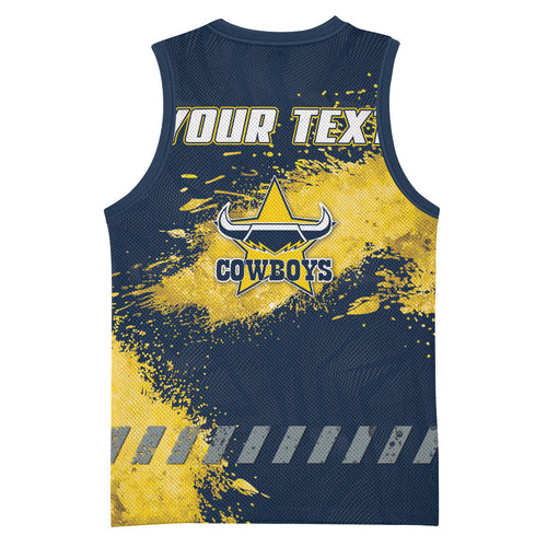 Personalised North Queensland Cowboys Rugby Basketball Jersey Wolf Mascot - Sporty Splash Art Style