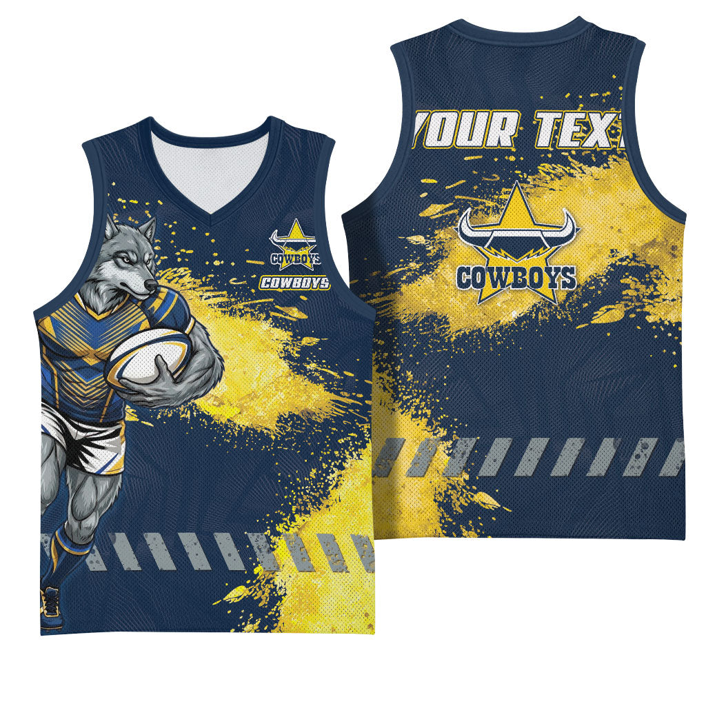Personalised North Queensland Cowboys Rugby Basketball Jersey Wolf Mascot - Sporty Splash Art Style