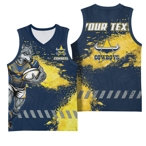 Personalised North Queensland Cowboys Rugby Basketball Jersey Wolf Mascot - Sporty Splash Art Style