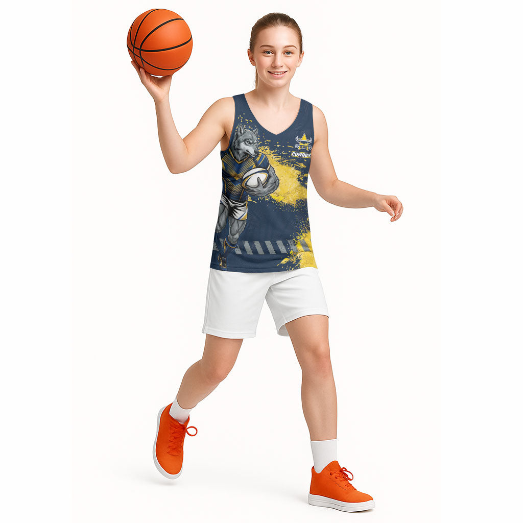 Personalised North Queensland Cowboys Rugby Basketball Jersey Wolf Mascot - Sporty Splash Art Style