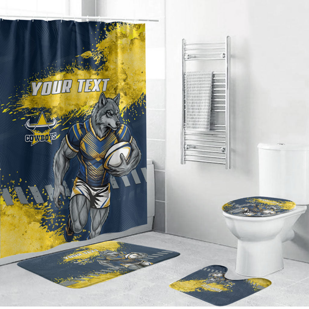 Personalised North Queensland Cowboys Rugby Bathroom Set Wolf Mascot - Sporty Splash Art Style