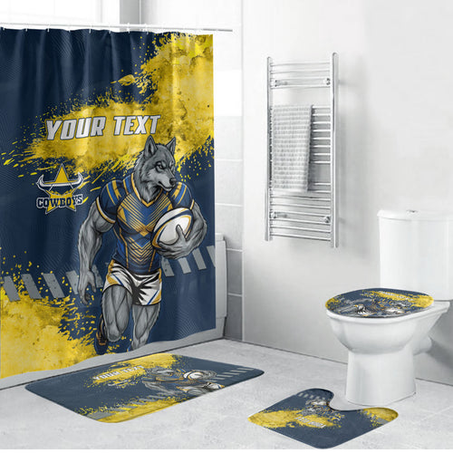 Personalised North Queensland Cowboys Rugby Bathroom Set Wolf Mascot - Sporty Splash Art Style