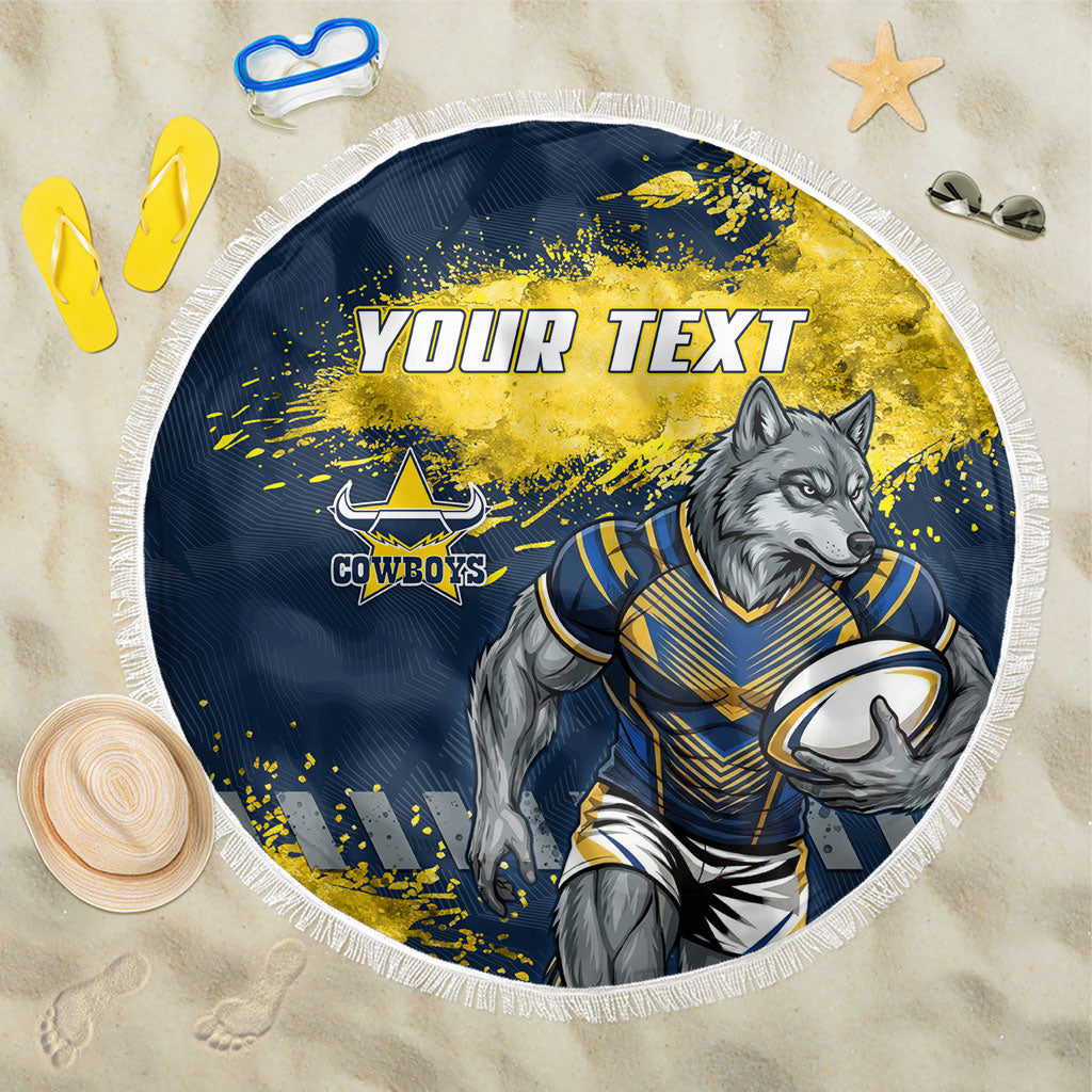 Personalised North Queensland Cowboys Rugby Beach Blanket Wolf Mascot - Sporty Splash Art Style