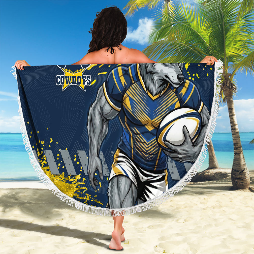 Personalised North Queensland Cowboys Rugby Beach Blanket Wolf Mascot - Sporty Splash Art Style