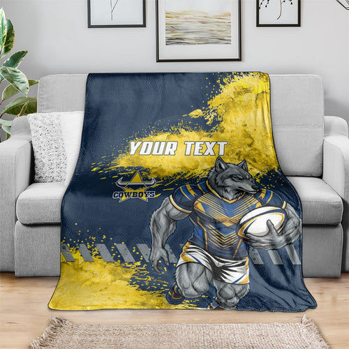 Personalised North Queensland Cowboys Rugby Blanket Wolf Mascot - Sporty Splash Art Style