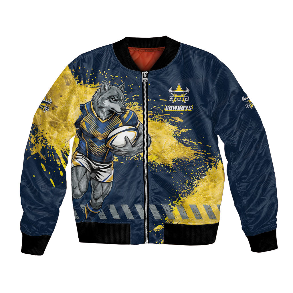 Personalised North Queensland Cowboys Rugby Bomber Jacket Wolf Mascot - Sporty Splash Art Style