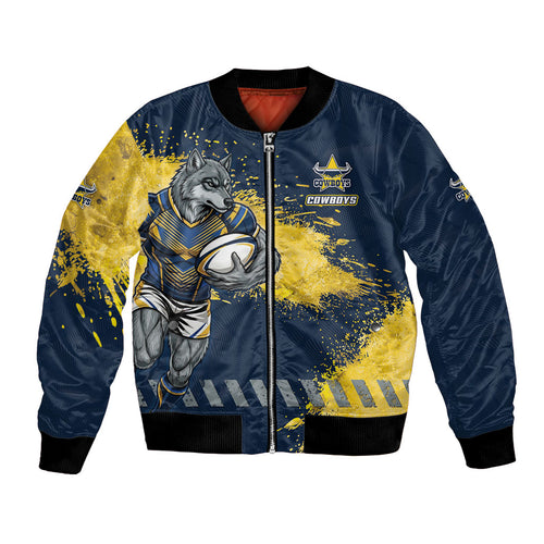 Personalised North Queensland Cowboys Rugby Bomber Jacket Wolf Mascot - Sporty Splash Art Style