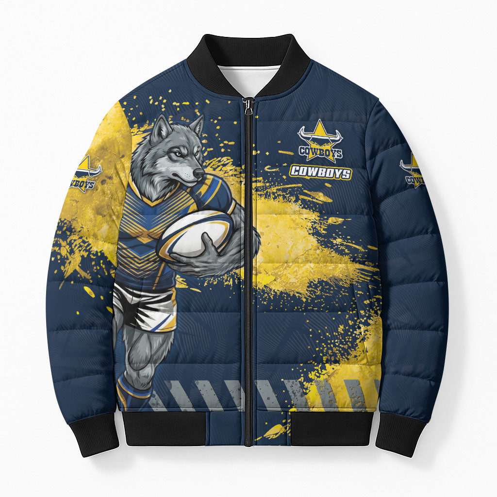 Personalised North Queensland Cowboys Rugby Bomber Puffer Jacket Wolf Mascot - Sporty Splash Art Style