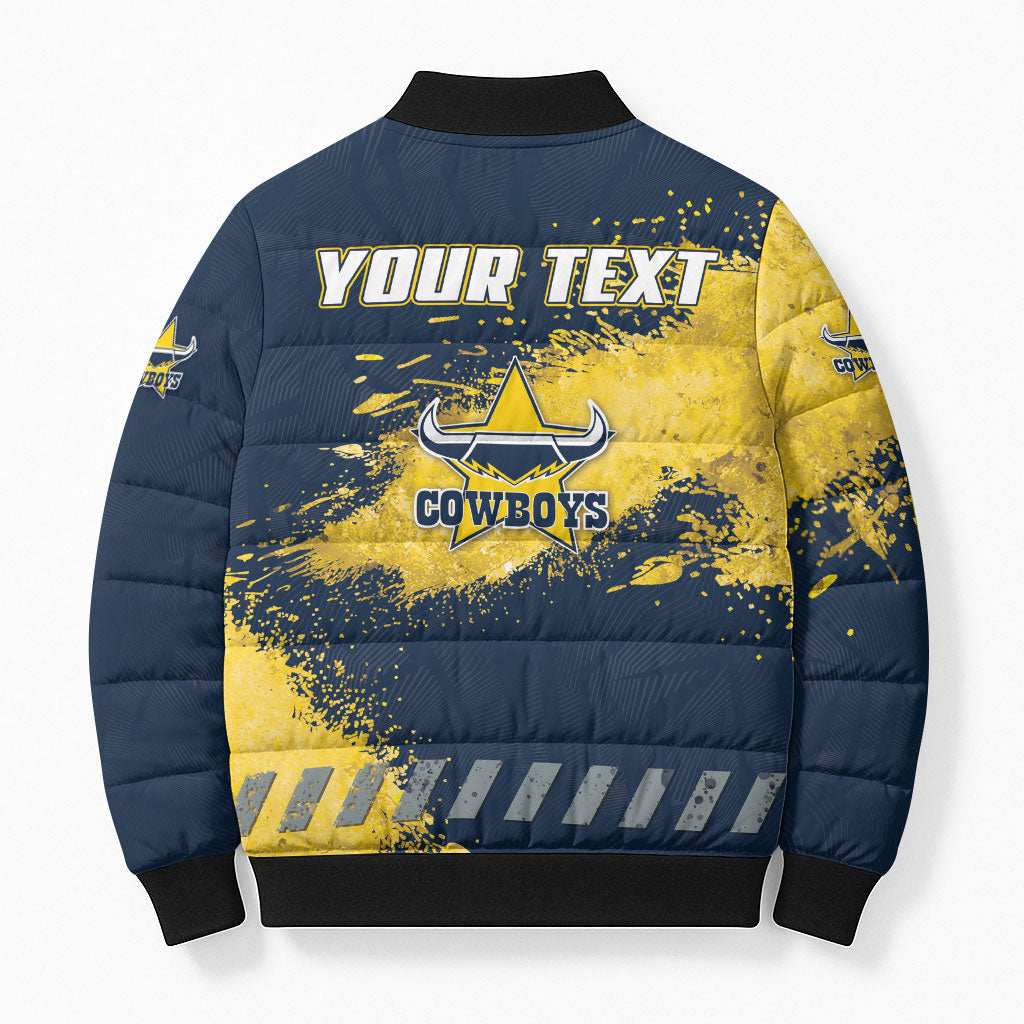 Personalised North Queensland Cowboys Rugby Bomber Puffer Jacket Wolf Mascot - Sporty Splash Art Style