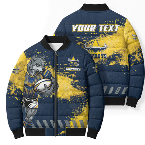 Personalised North Queensland Cowboys Rugby Bomber Puffer Jacket Wolf Mascot - Sporty Splash Art Style