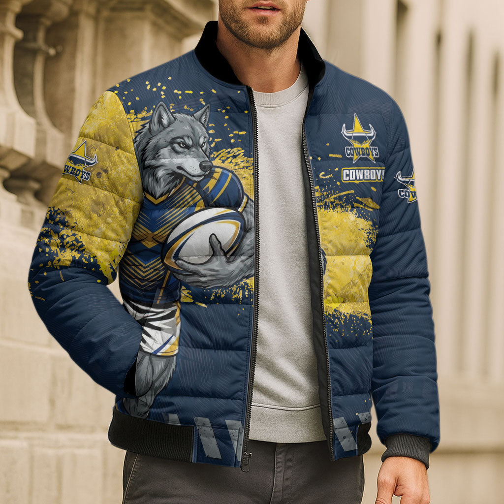 Personalised North Queensland Cowboys Rugby Bomber Puffer Jacket Wolf Mascot - Sporty Splash Art Style