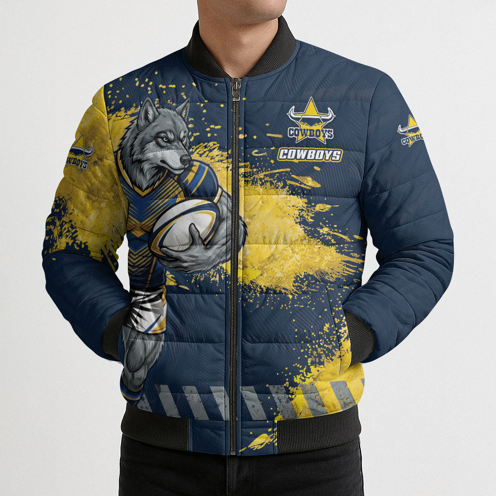 Personalised North Queensland Cowboys Rugby Bomber Puffer Jacket Wolf Mascot - Sporty Splash Art Style
