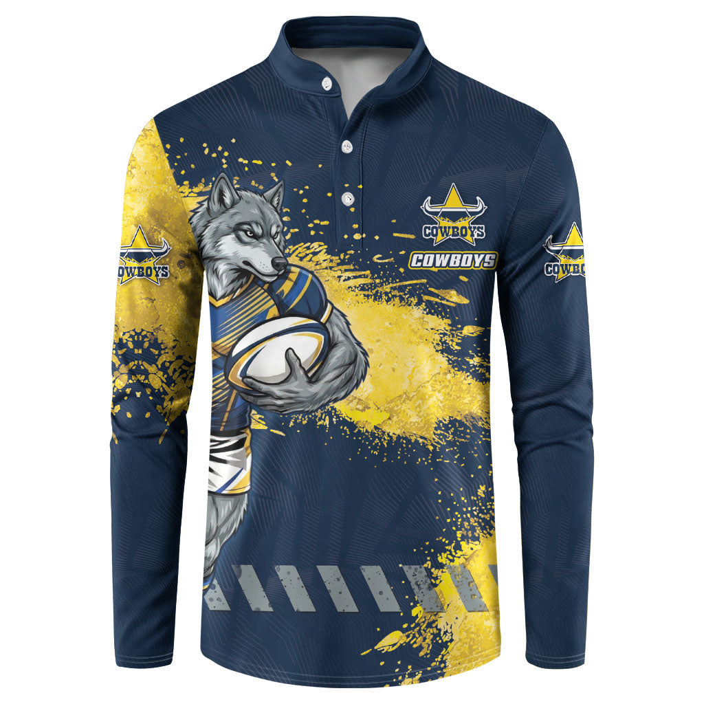 Personalised North Queensland Cowboys Rugby Button Sweatshirt Wolf Mascot - Sporty Splash Art Style