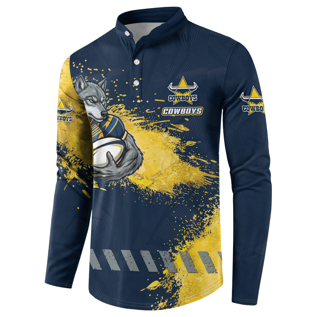 Personalised North Queensland Cowboys Rugby Button Sweatshirt Wolf Mascot - Sporty Splash Art Style