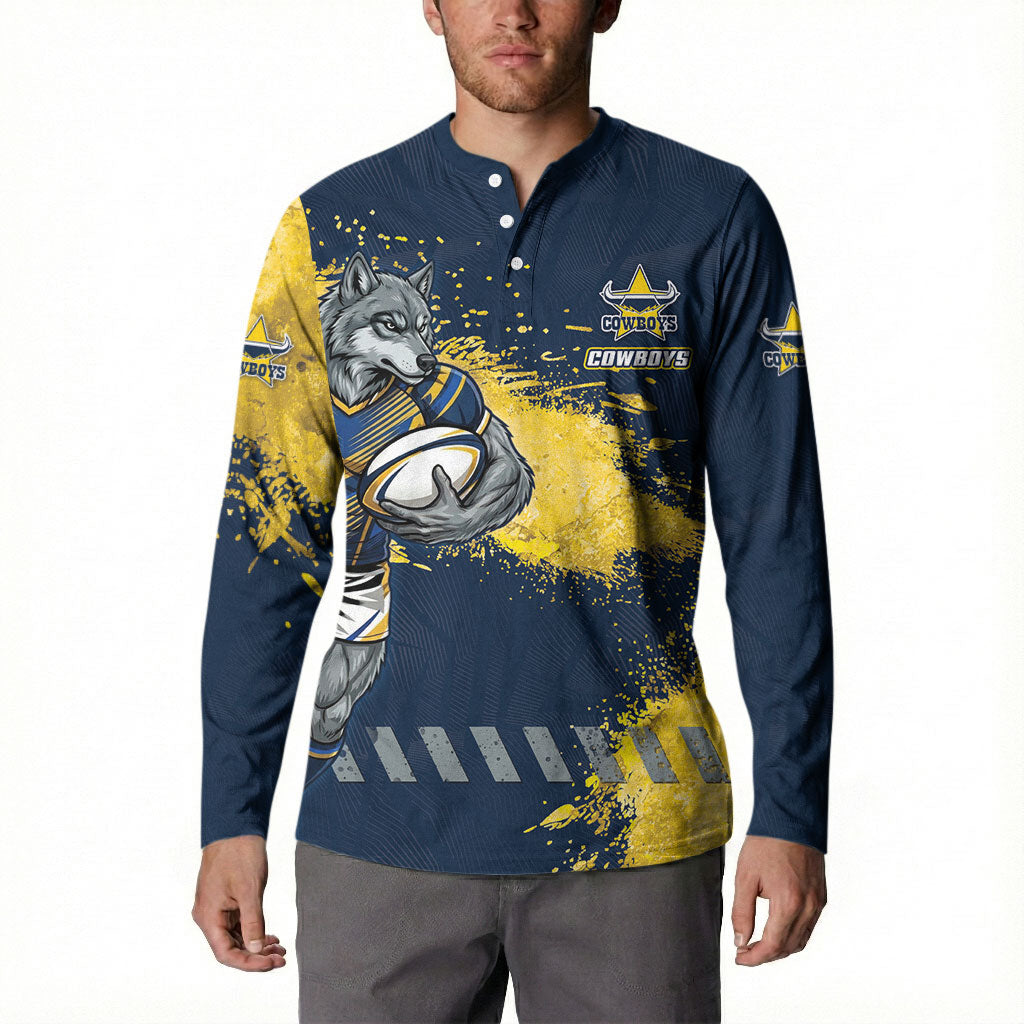 Personalised North Queensland Cowboys Rugby Button Sweatshirt Wolf Mascot - Sporty Splash Art Style
