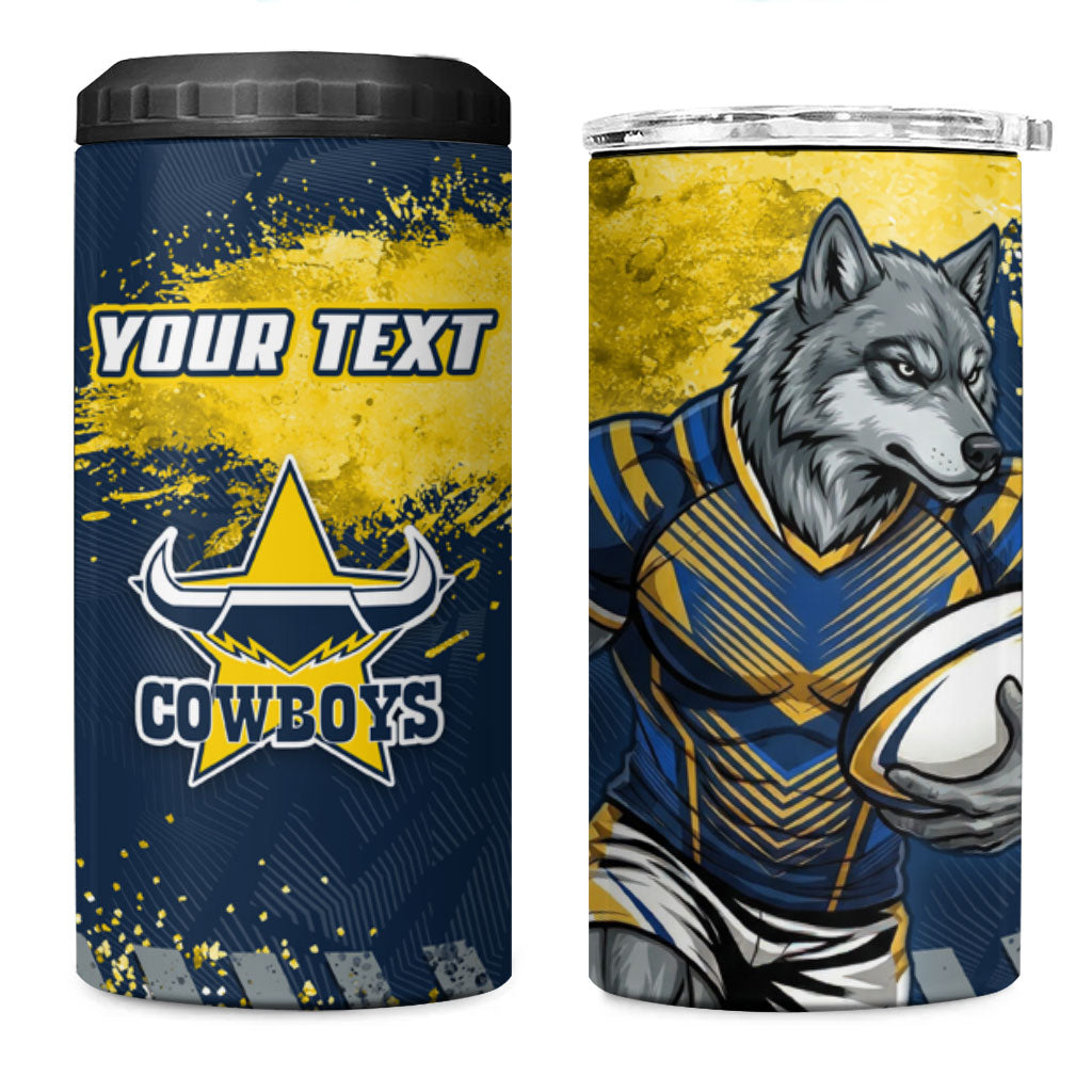 Personalised North Queensland Cowboys Rugby 4 in 1 Can Cooler Tumbler Wolf Mascot - Sporty Splash Art Style