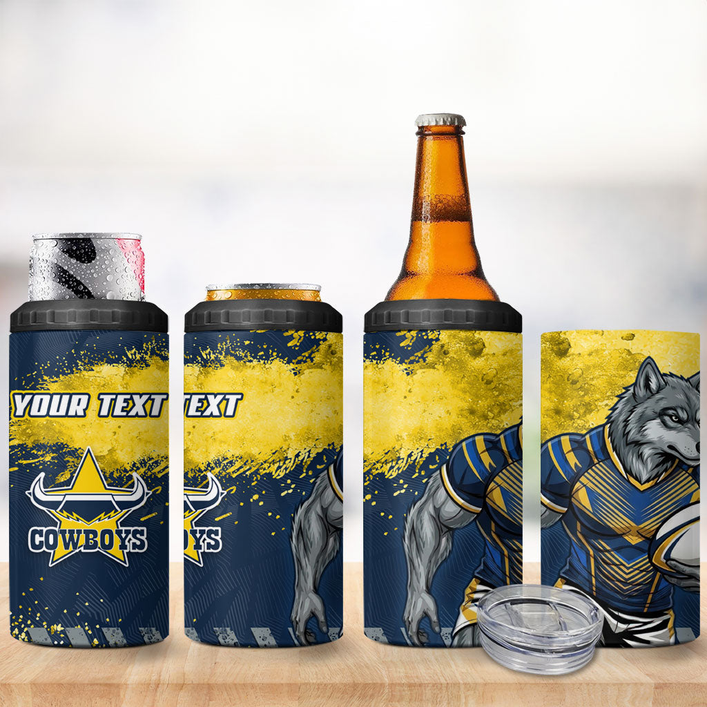 Personalised North Queensland Cowboys Rugby 4 in 1 Can Cooler Tumbler Wolf Mascot - Sporty Splash Art Style