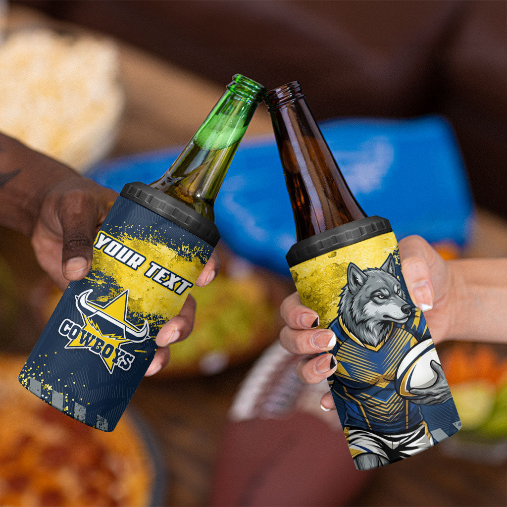 Personalised North Queensland Cowboys Rugby 4 in 1 Can Cooler Tumbler Wolf Mascot - Sporty Splash Art Style
