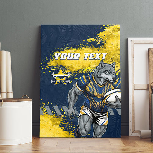 Personalised North Queensland Cowboys Rugby Canvas Wall Art Wolf Mascot - Sporty Splash Art Style